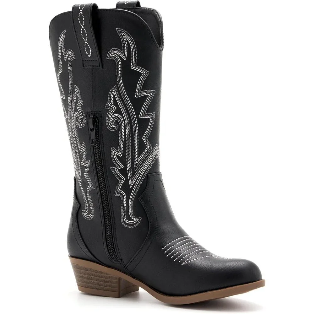 ⚡Girls Black Kids Western Boots Embroidered Cowgirl Boots Riding Shoes Mid Calf